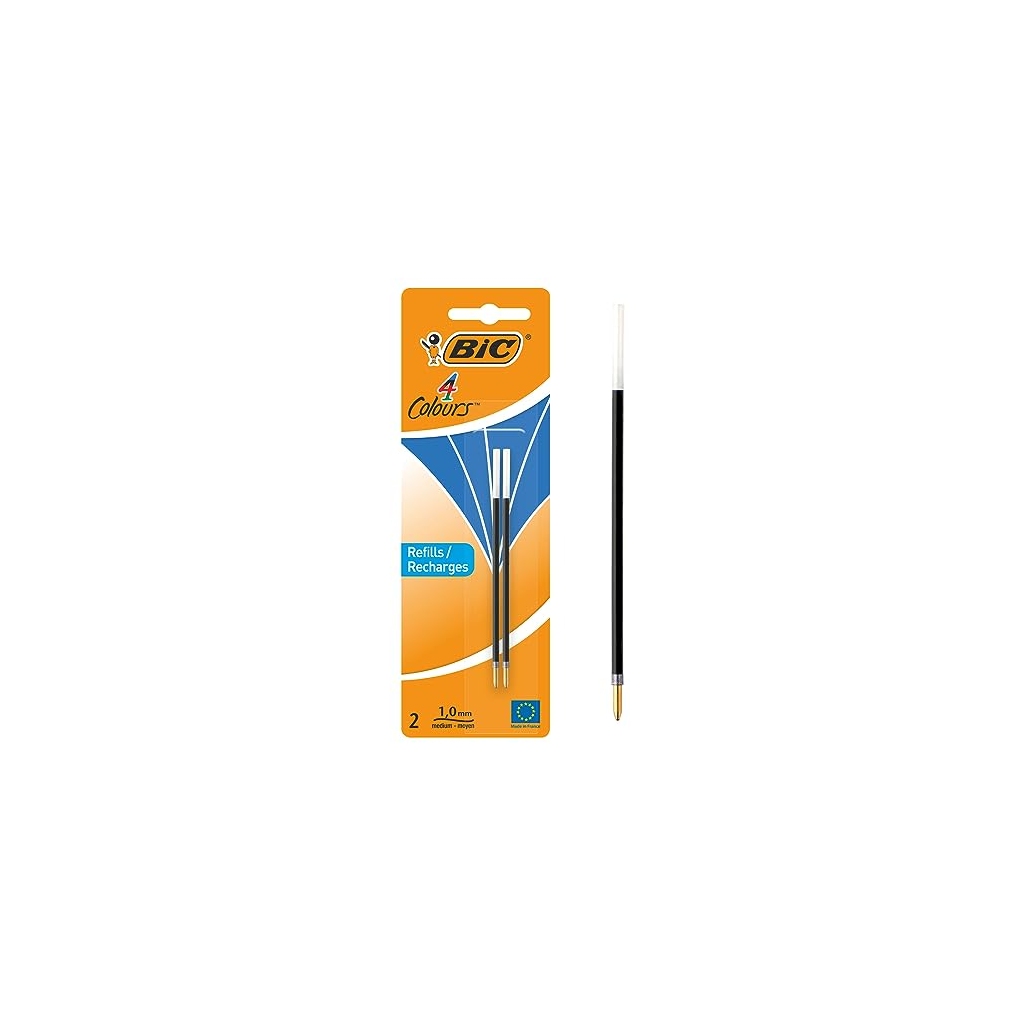 BIC 4 Couleurs Recharges stylo-bille pointe moyenne 1,0 mm, encre bleue, blister de 2