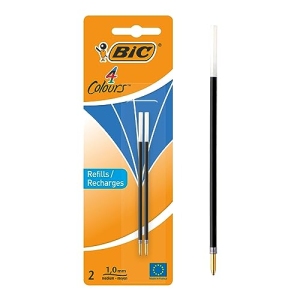 BIC 4 Couleurs Recharges stylo-bille pointe moyenne 1,0 mm, encre bleue, blister de 2