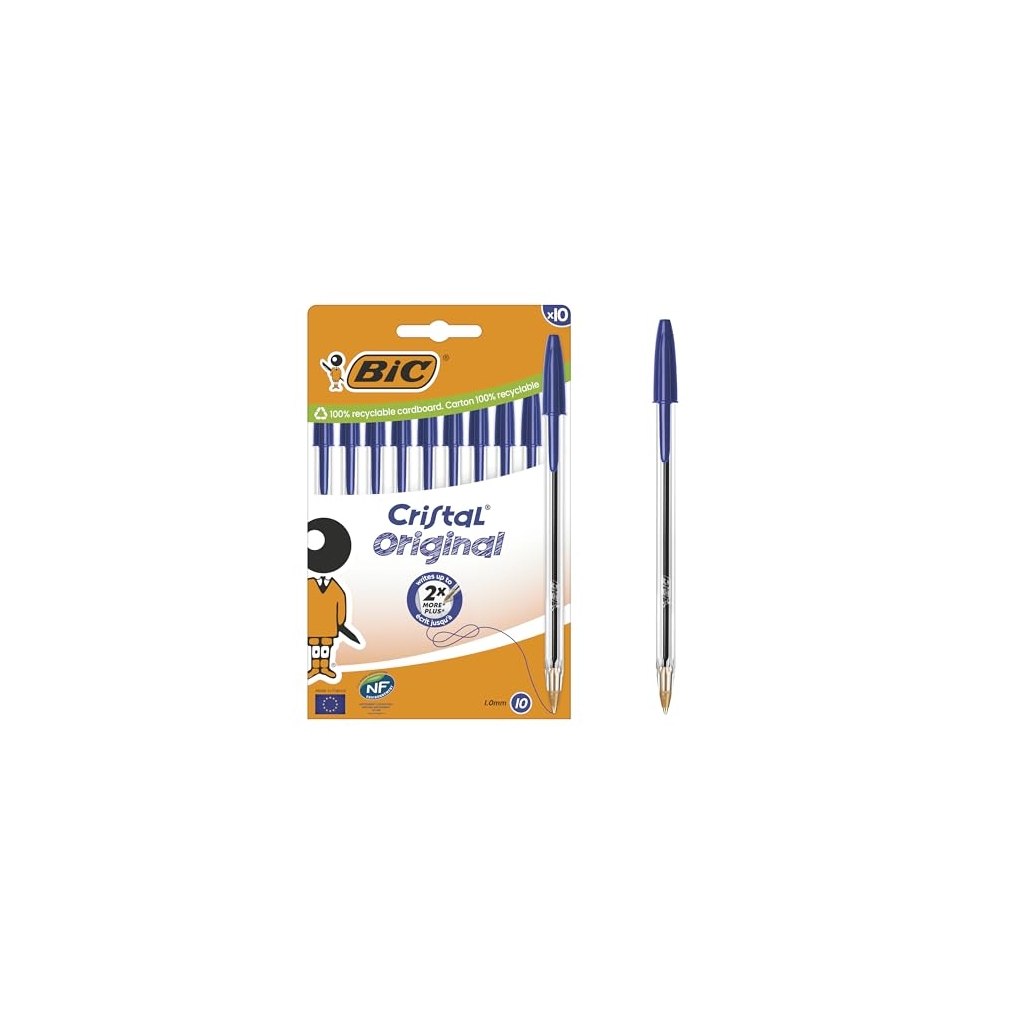 BIC Cristal Original Stylos-bille pointe moyenne 1,0 mm, bleu, boîte carton de 10