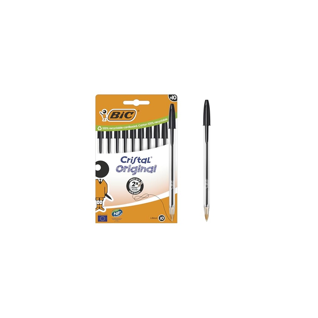 BIC Cristal Original Stylos-bille pointe moyenne 1,0 mm, noir, boîte carton de 10