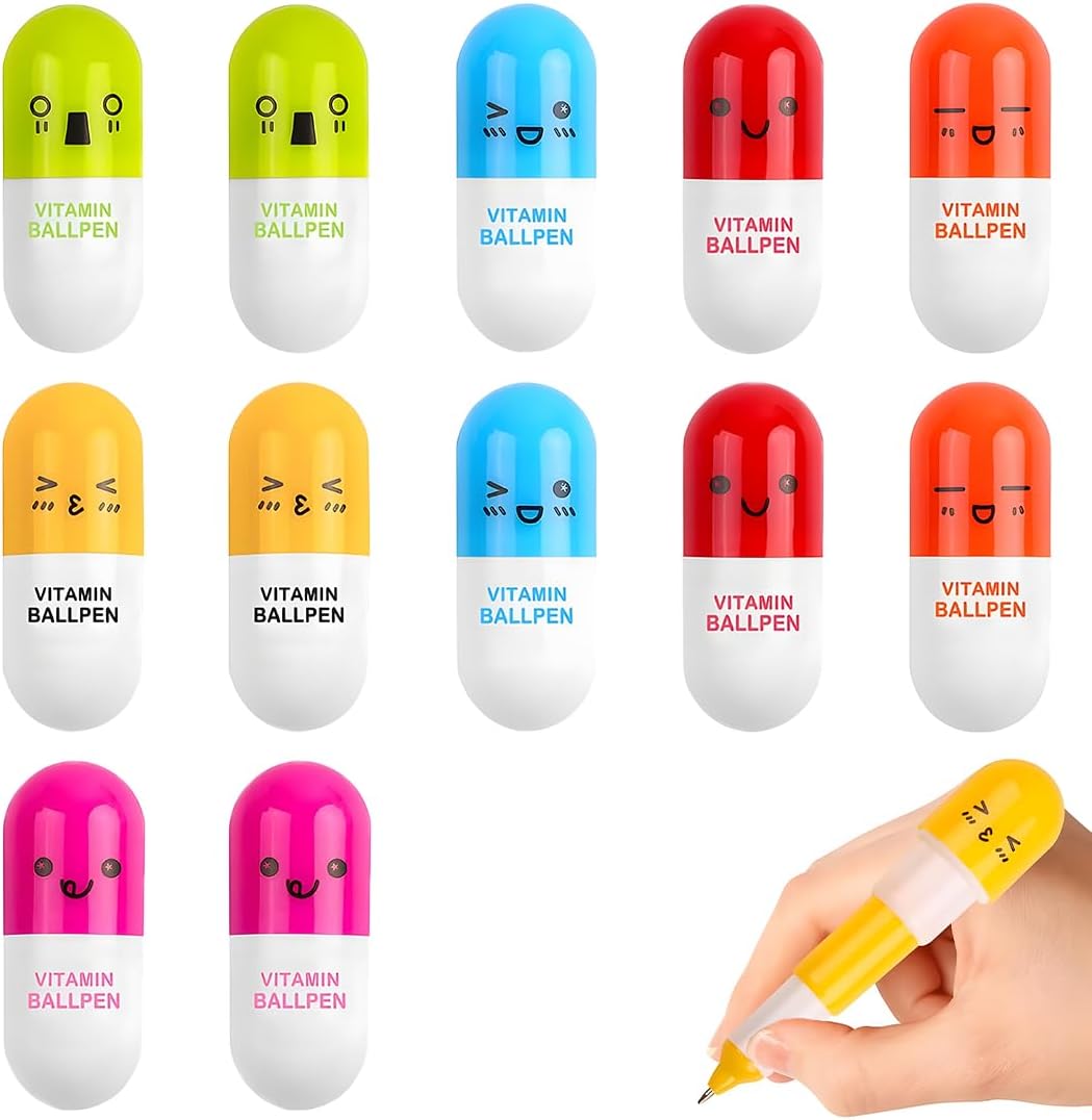 12 Stylos Rétractables Mini Vitamines - 6 Couleurs