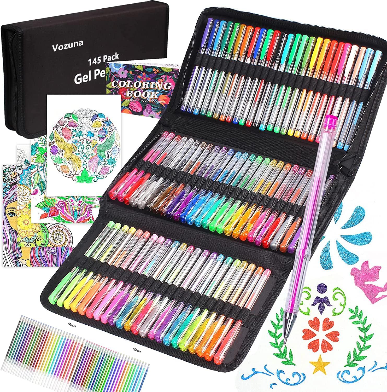 145 Stylos Gel Pailletés + Livre de Coloriage