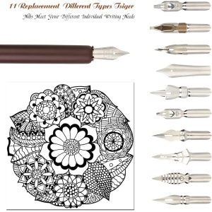 1767583886 stylos plume en bois avec 10 plumes de rechange