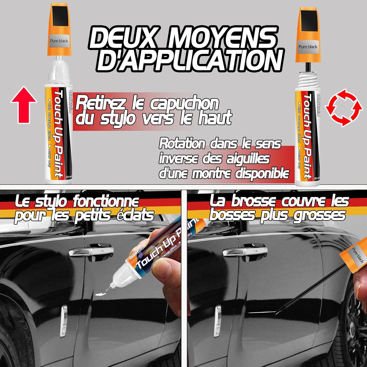 Stylo de Retouche Peinture Voiture 2-en-1 Noir – Image 2