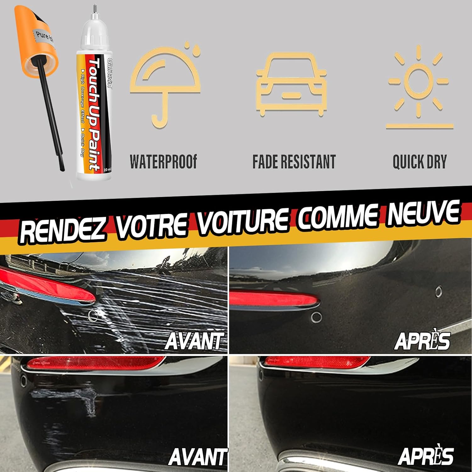 Stylo de Retouche Peinture Voiture 2-en-1 Noir – Image 3