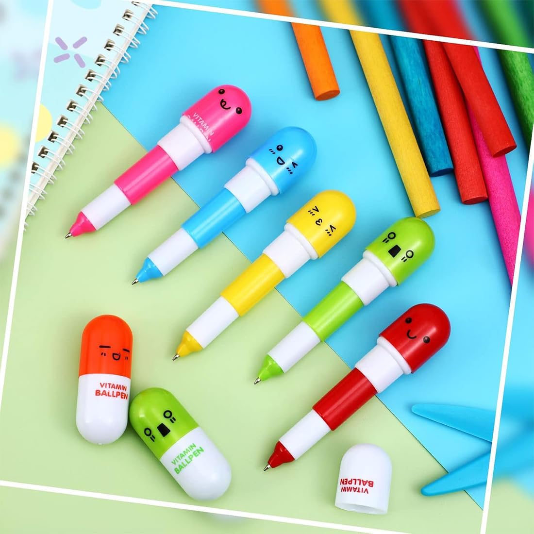 12 Stylos Rétractables Mini Vitamines - 6 Couleurs – Image 3
