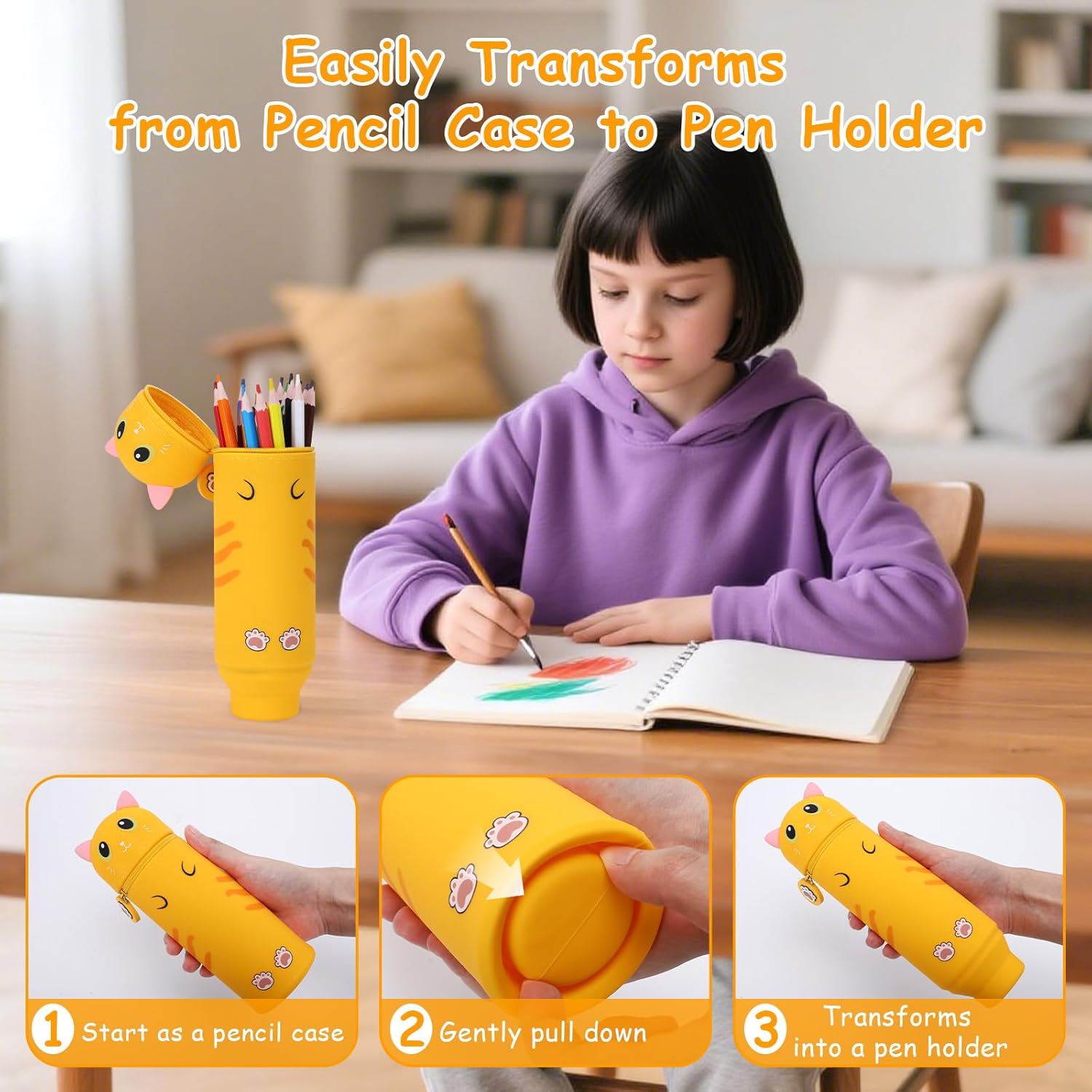 Trousse Extensible Kawaii Orange Cat 2 en 1 – Image 3