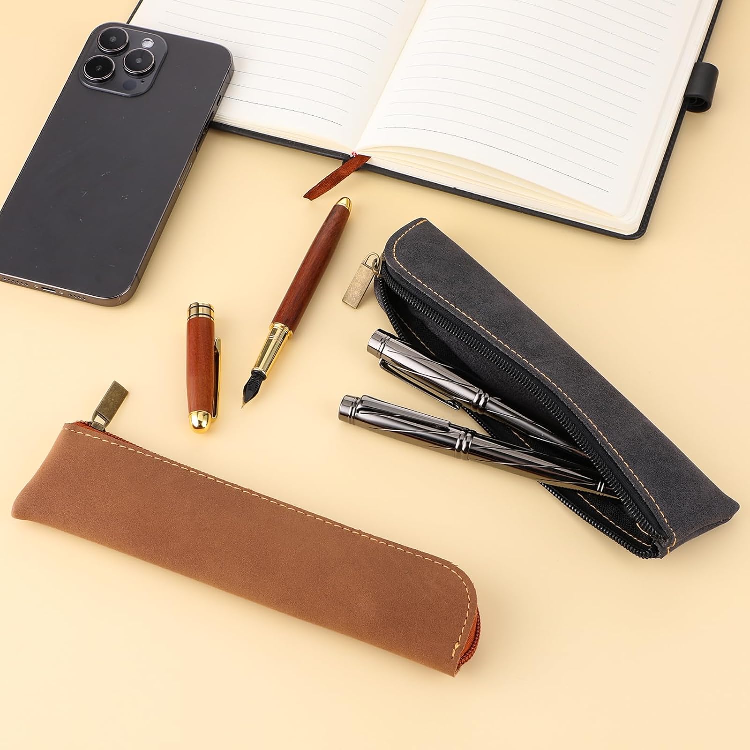 Trousse à Crayons Cuir Souple Noir et Marron – Image 2