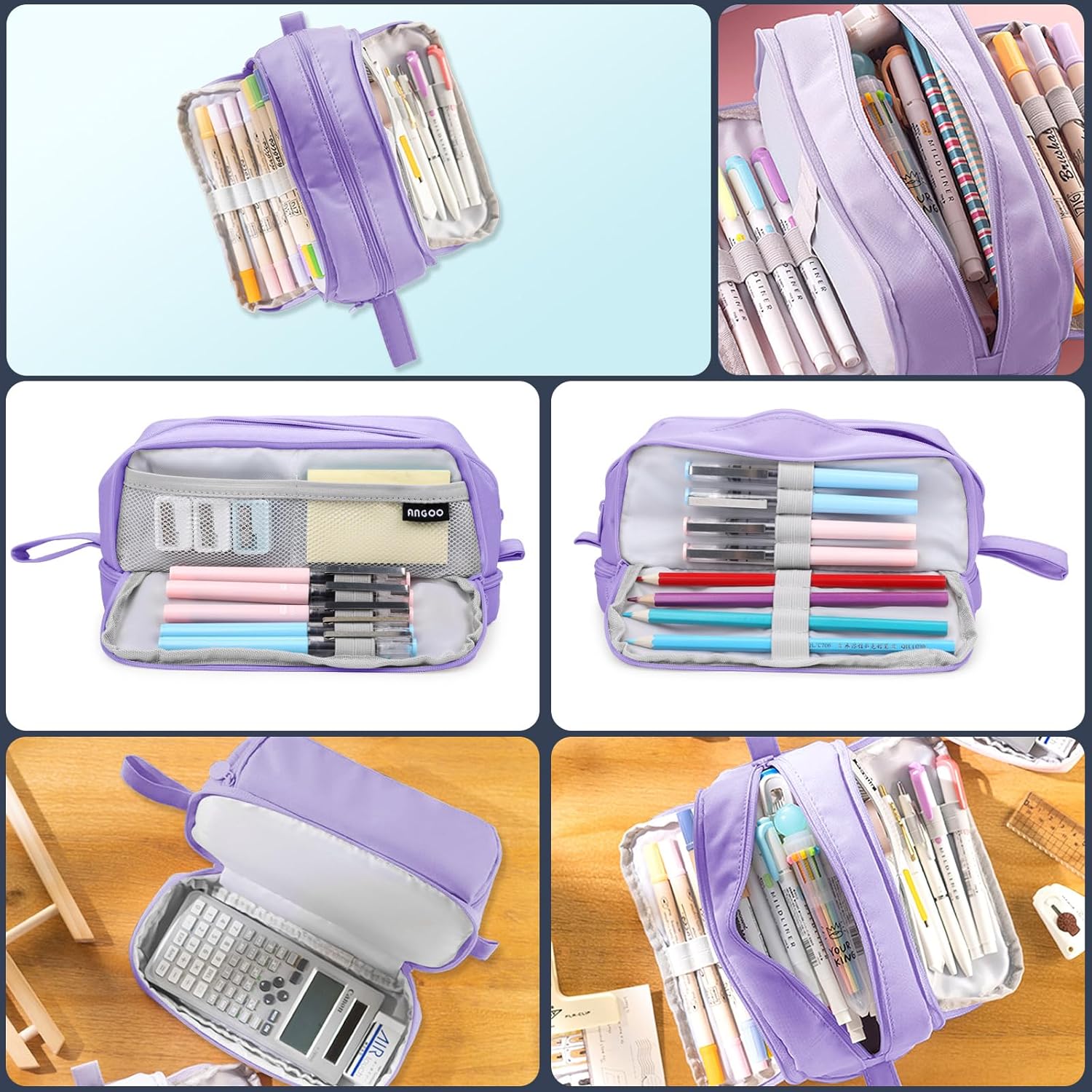 Trousse à Crayons Extensible 4 Compartiments - Violet Clair – Image 6