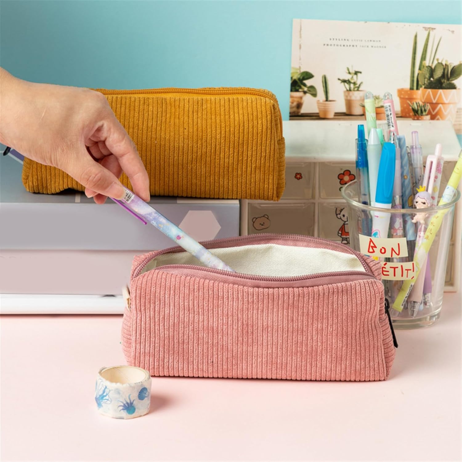 Trousse Velours Côtelé Grande Capacité avec Fermeture Éclair – Image 3