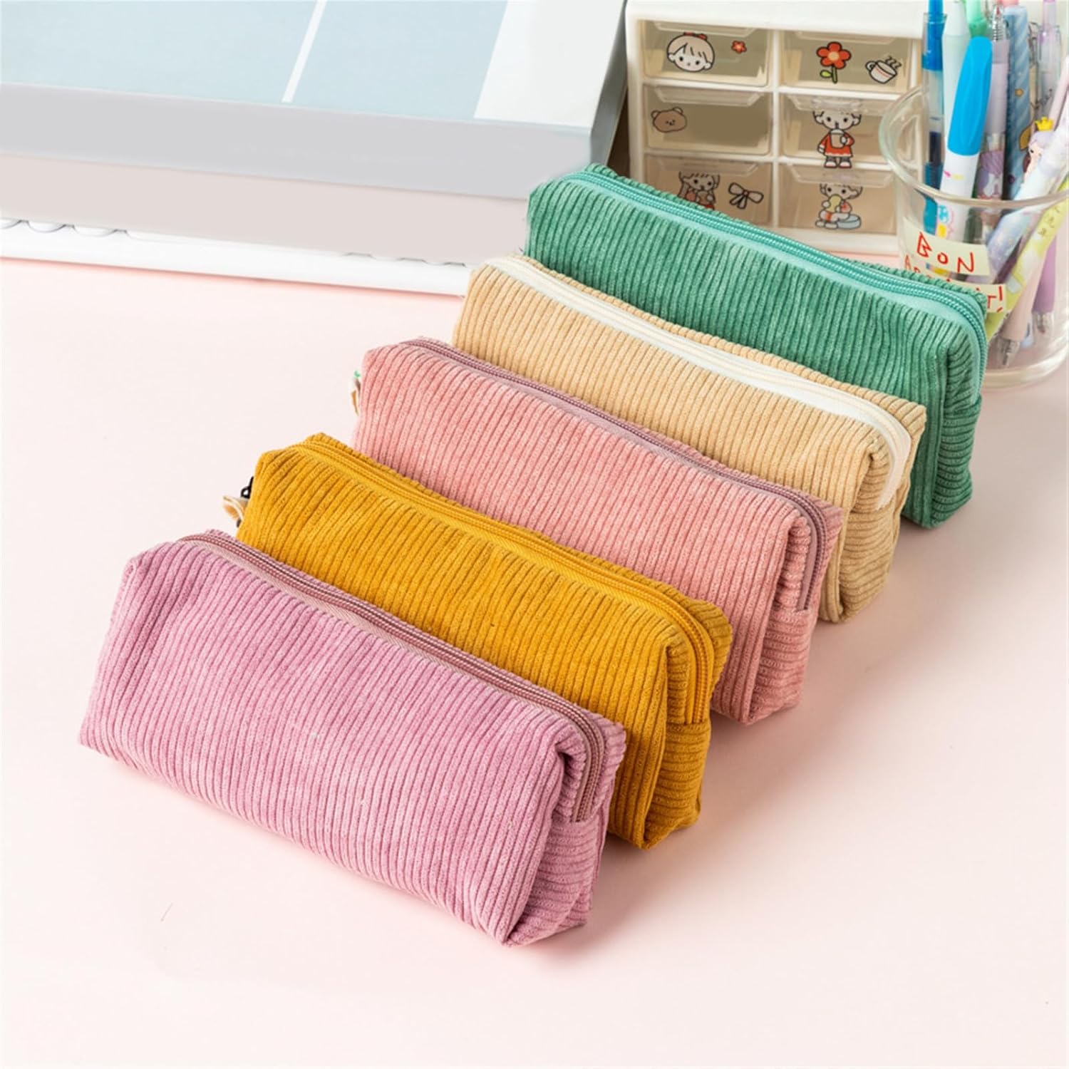 Trousse Velours Côtelé Grande Capacité avec Fermeture Éclair – Image 7