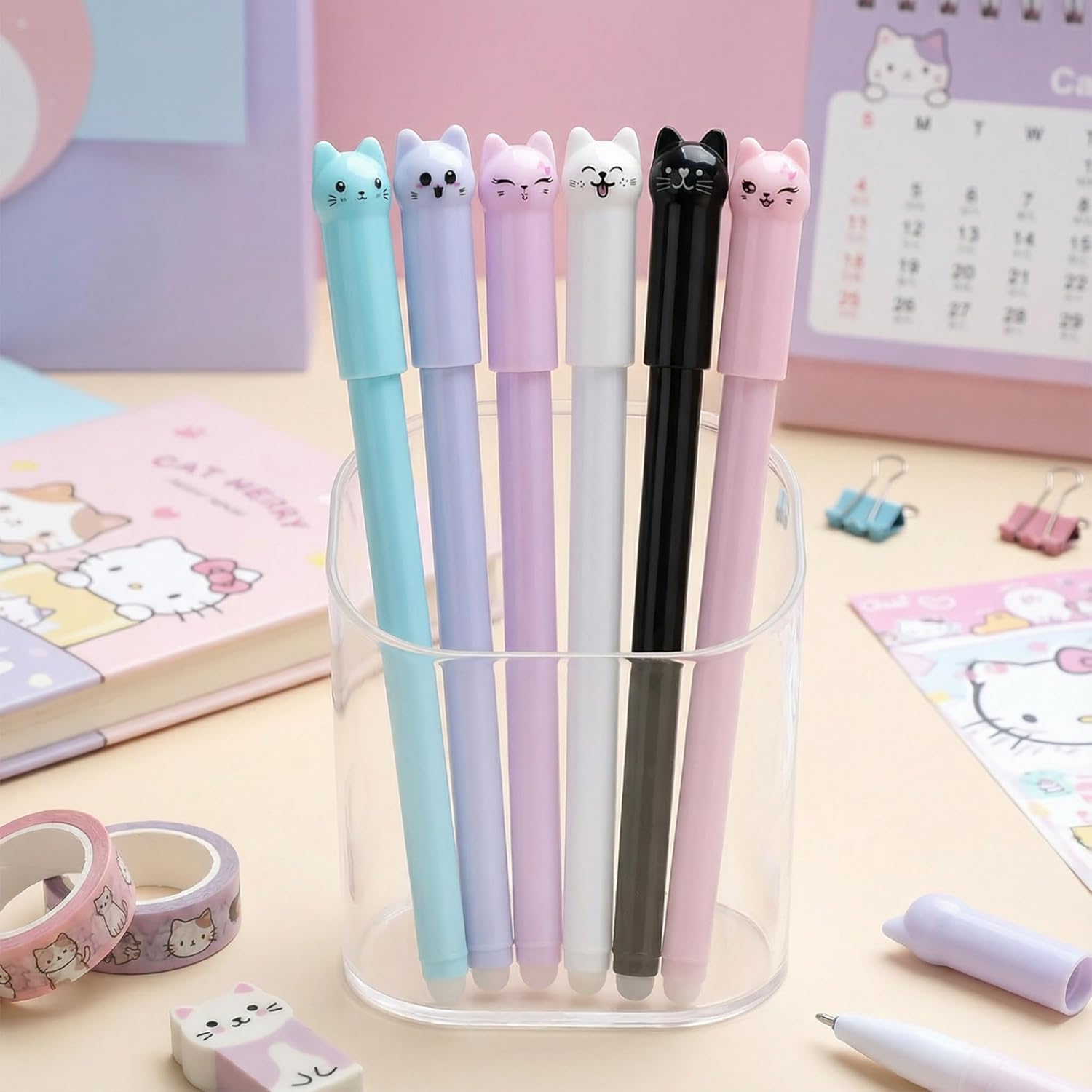 Stylos à Bille Effaçables Chat Mignon - Lot de 6 – Image 3