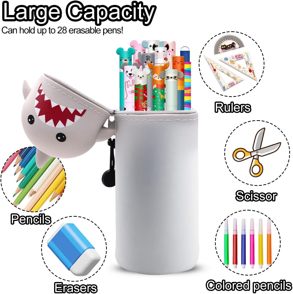 Lot de 12 Stylos Gel Effaçables + Trousse Kawaii Requin – Image 2