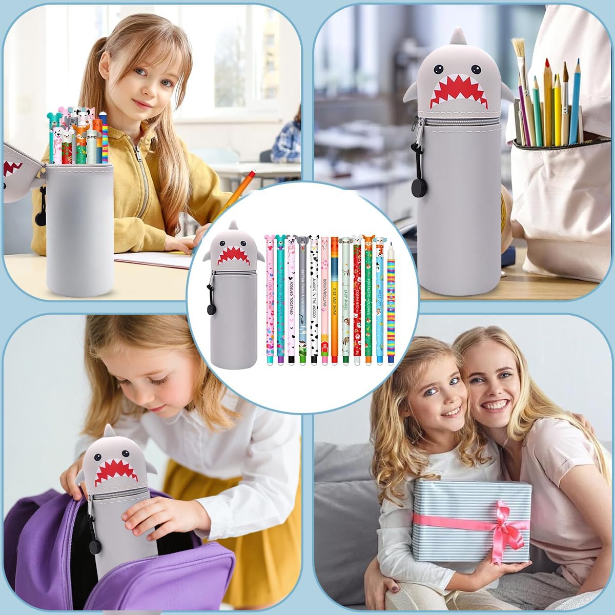 Lot de 12 Stylos Gel Effaçables + Trousse Kawaii Requin – Image 8
