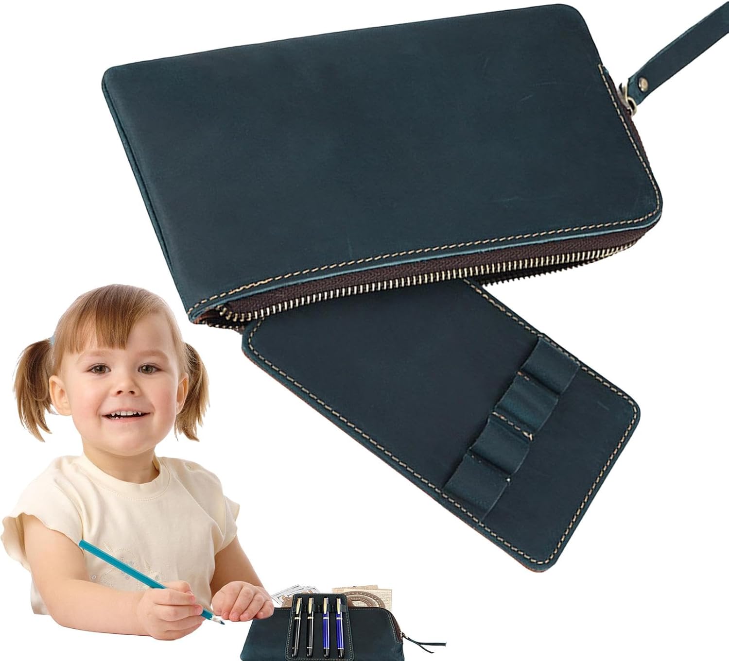Trousse en Cuir Vintage - Étui Zippé 4 Stylos – Image 7