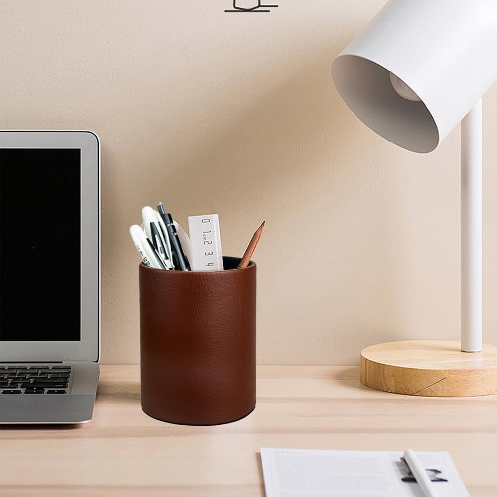 Pot à crayons Porte stylos en cuir marron élégant – Image 3