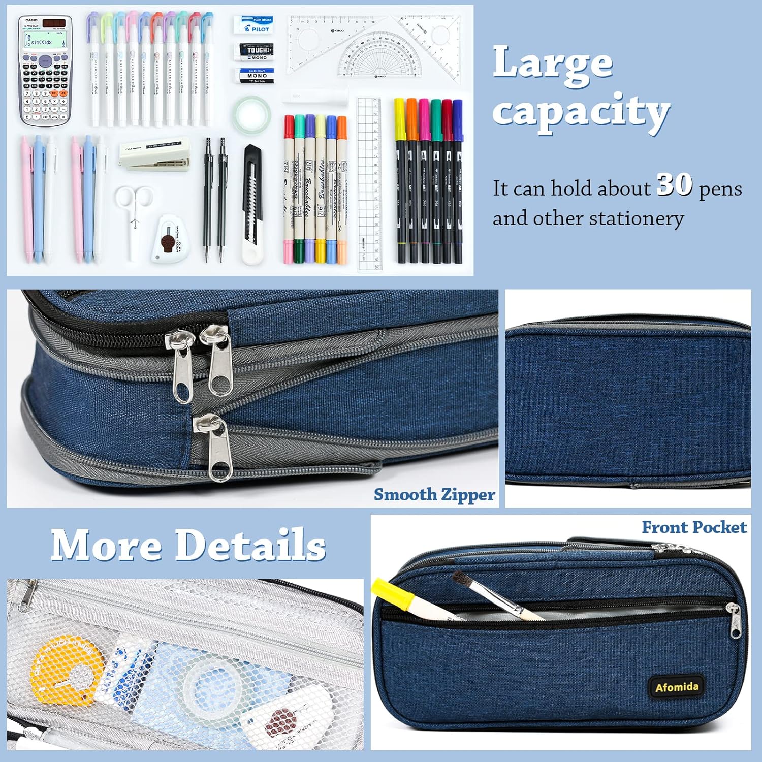 Trousse Scolaire Pliable Grande Capacité - Bleu – Image 3