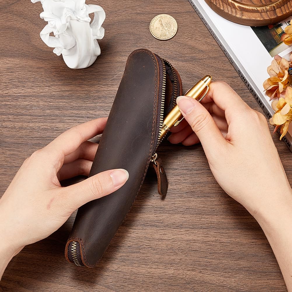 Étui à Stylos en Cuir Véritable - Brun Coco – Image 3