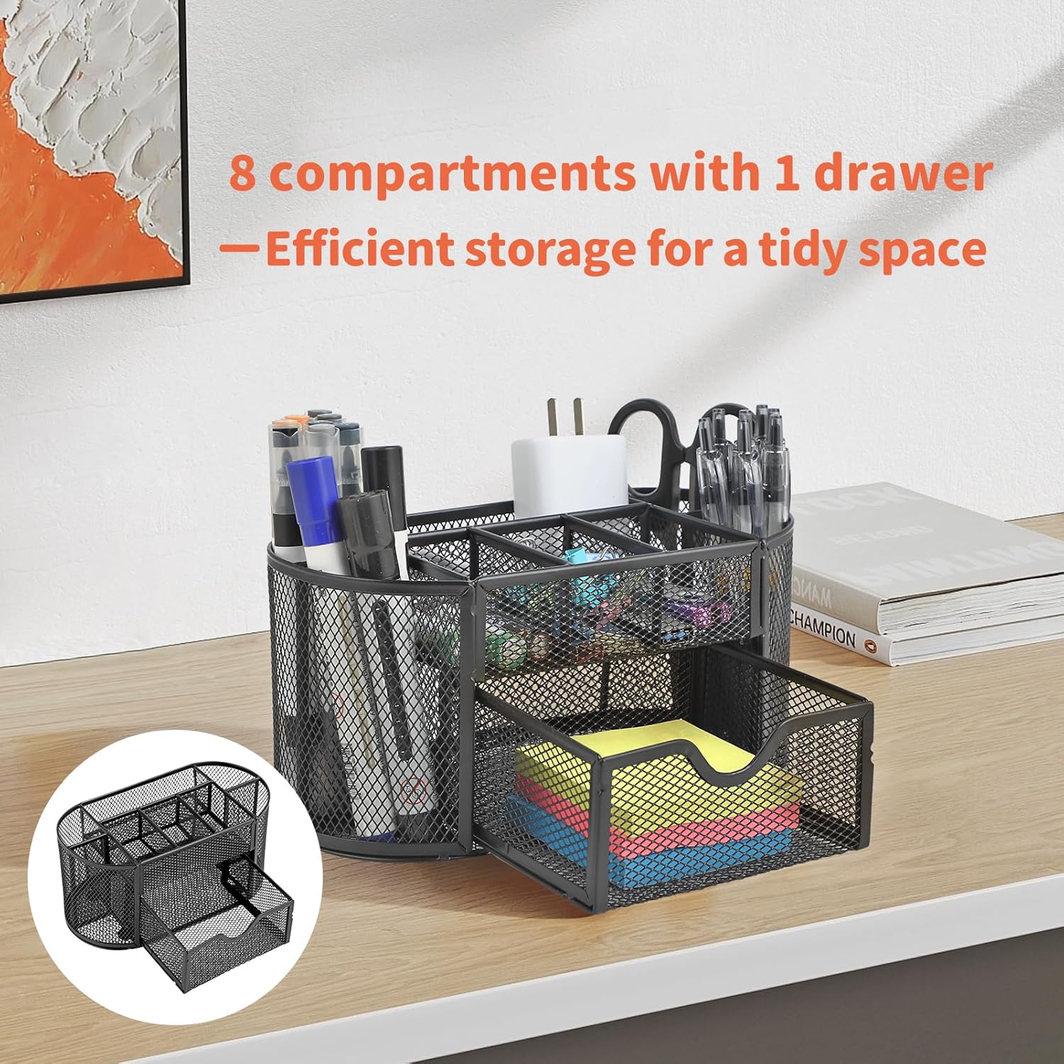 Organisateur de Bureau Noir avec Tiroir et Pot à Crayons – Image 4