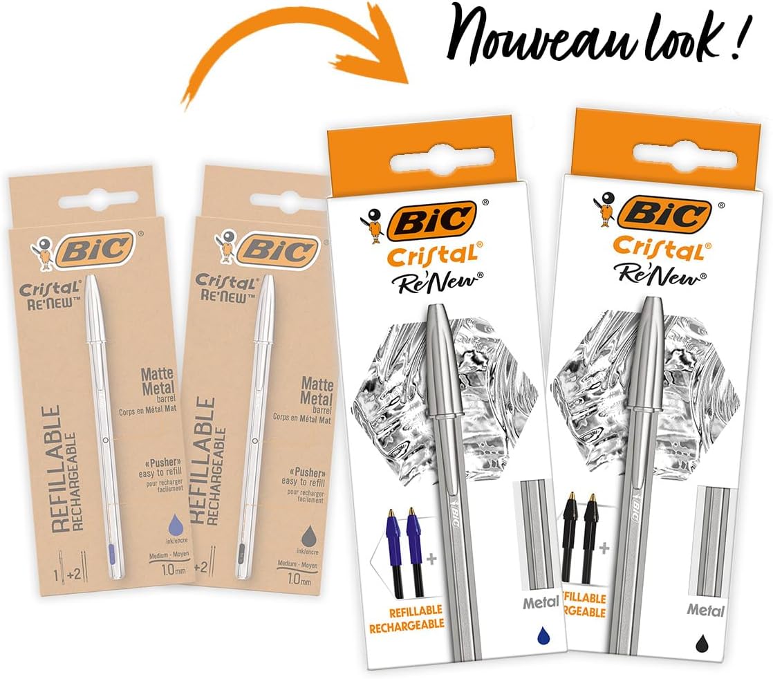 BIC Cristal Re'New - Stylo-Bille Métal Rechargeable - Lot de 2 – Image 3