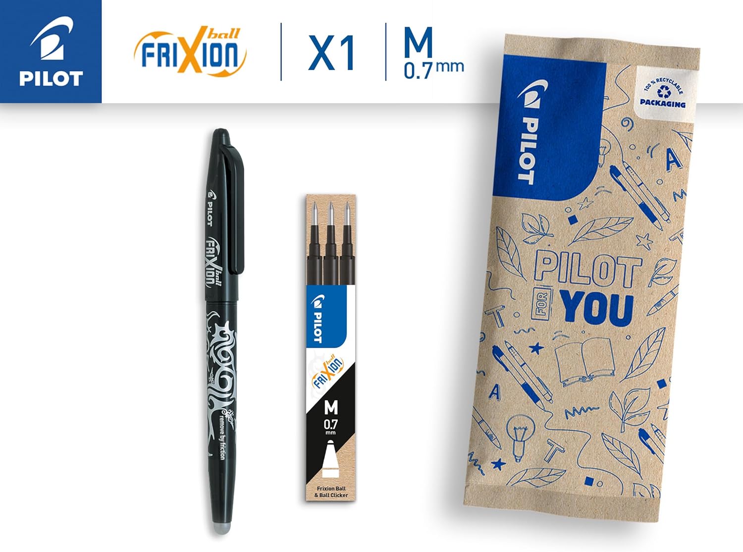 Stylo Frixion Ball Noir + 3 Recharges - Effaçable, Écologique – Image 2