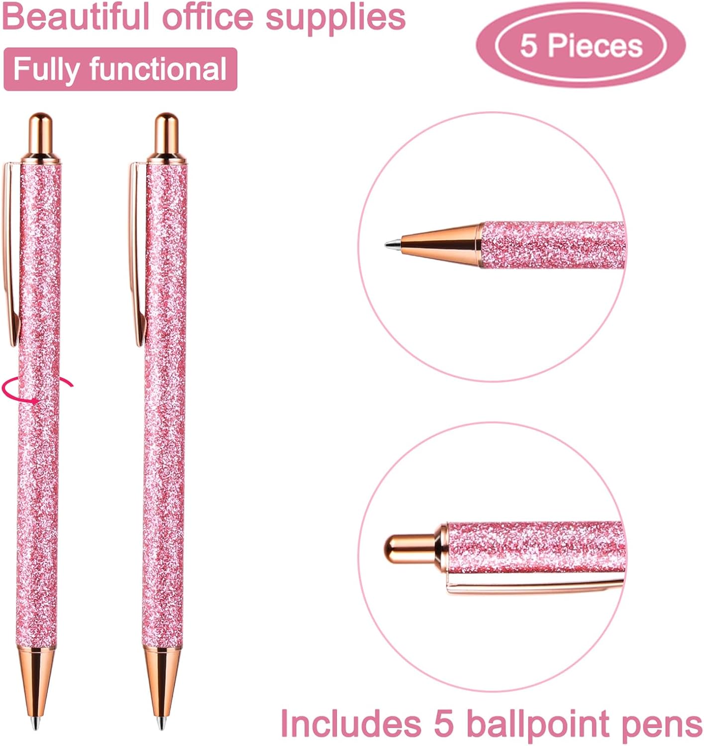 Set de 5 stylos métalliques à paillettes rétractables – Image 2
