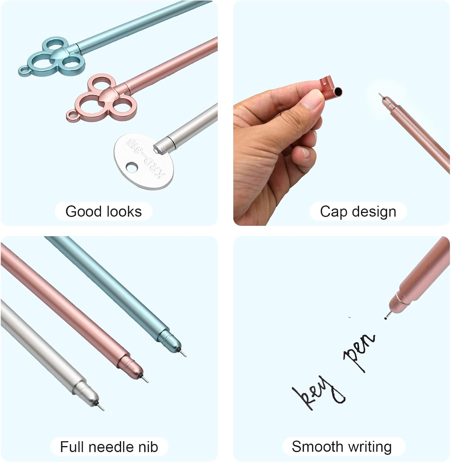 Lot de 3 Stylos Clé Rétro - Bleu, Argent, Rose – Image 2