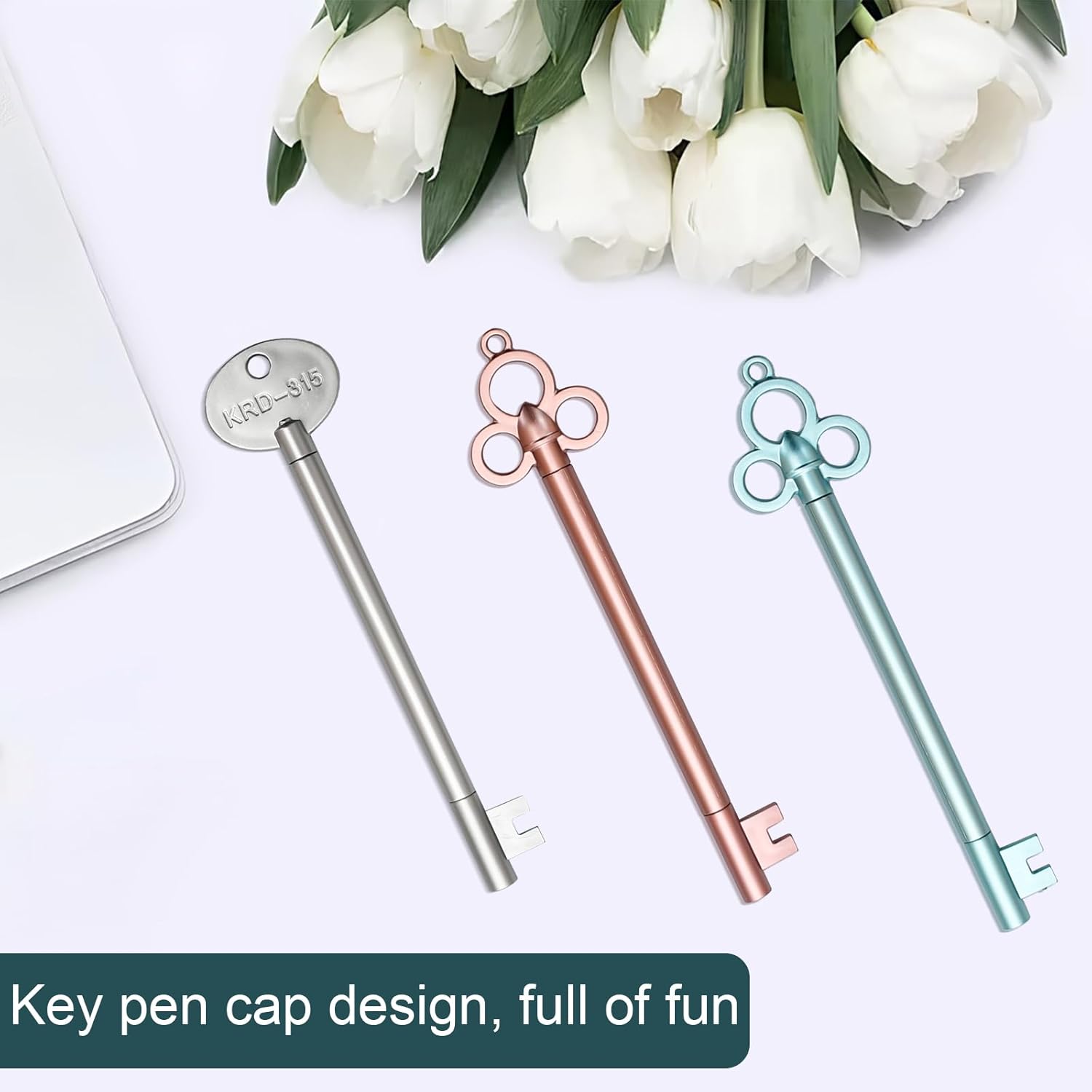 Lot de 3 Stylos Clé Rétro - Bleu, Argent, Rose – Image 3