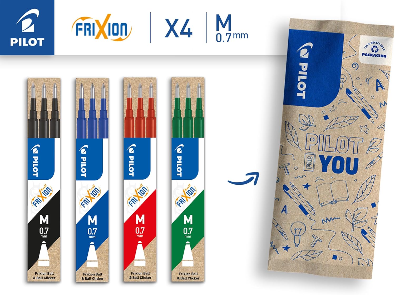 PILOT - 4 Etuis Recharges Stylo Effaçable Noir/Bleu/Rouge/Vert – Image 2