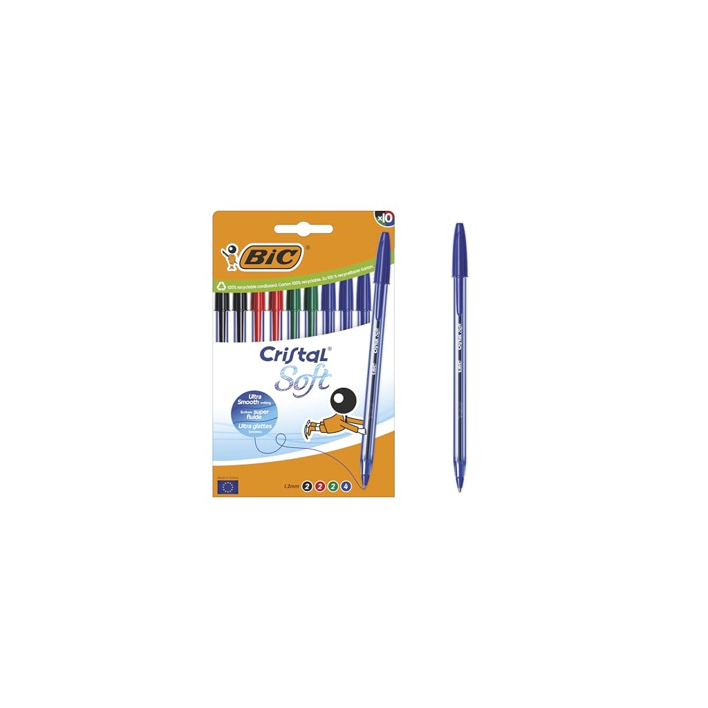 BIC Cristal Soft Stylos-bille pointe moyenne 1,2 mm, encres assorties, boîte de 10