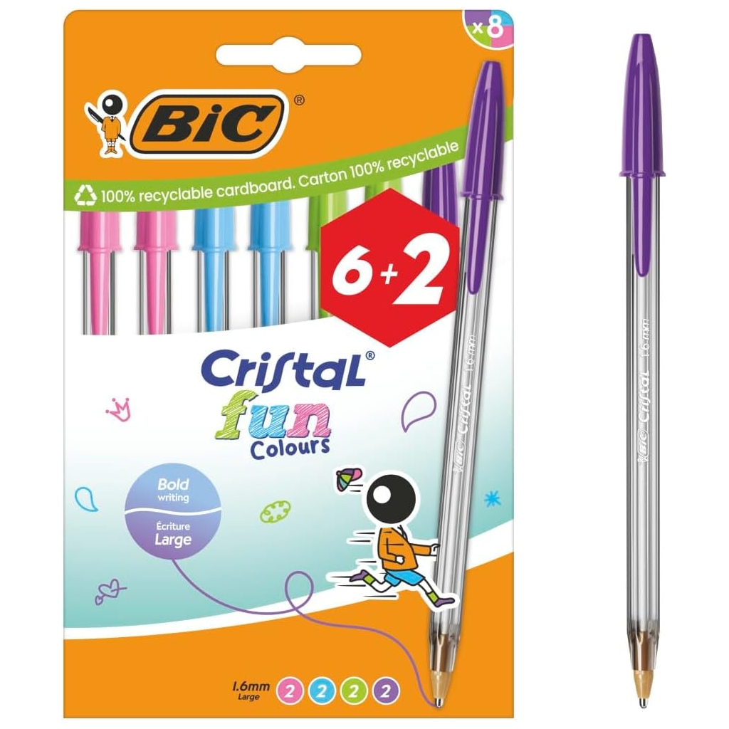BIC Cristal Fun - Pack de 8 Stylos-bille Couleurs Assorties