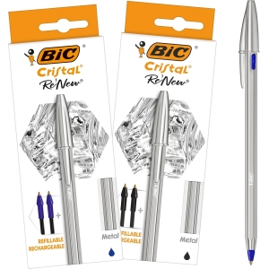 BIC Cristal Re'New - Stylo-Bille Métal Rechargeable - Lot de 2