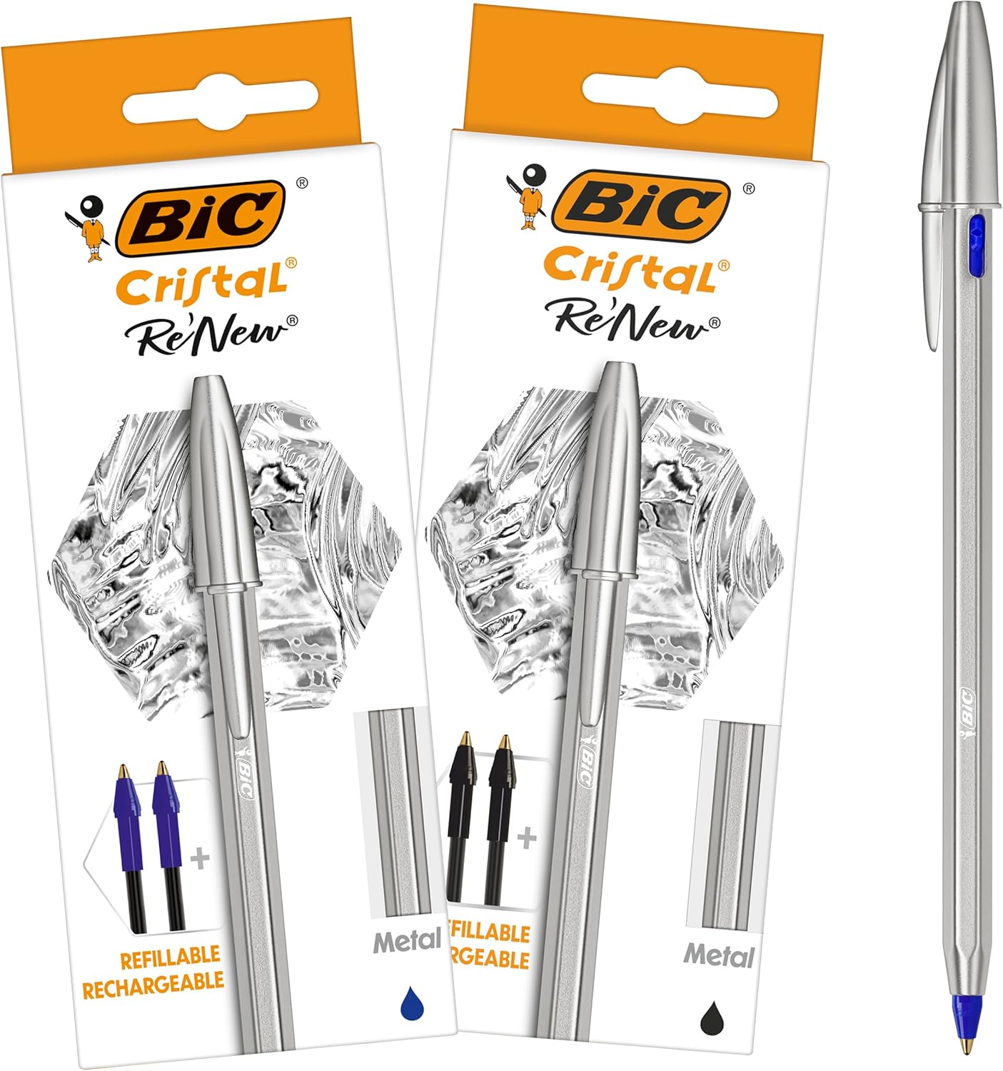 BIC Cristal Re'New - Stylo-Bille Métal Rechargeable - Lot de 2