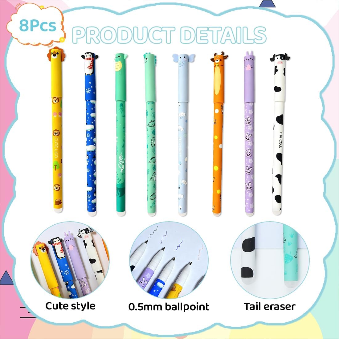 Coffret 8 Stylos Effaçables Animaux 0.5mm – Image 2