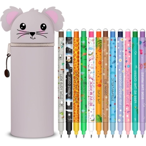 Lot Kawaii : Trousse Souple + 12 Stylos Gel Effaçables