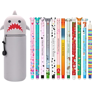 Lot de 12 Stylos Gel Effaçables + Trousse Kawaii Requin