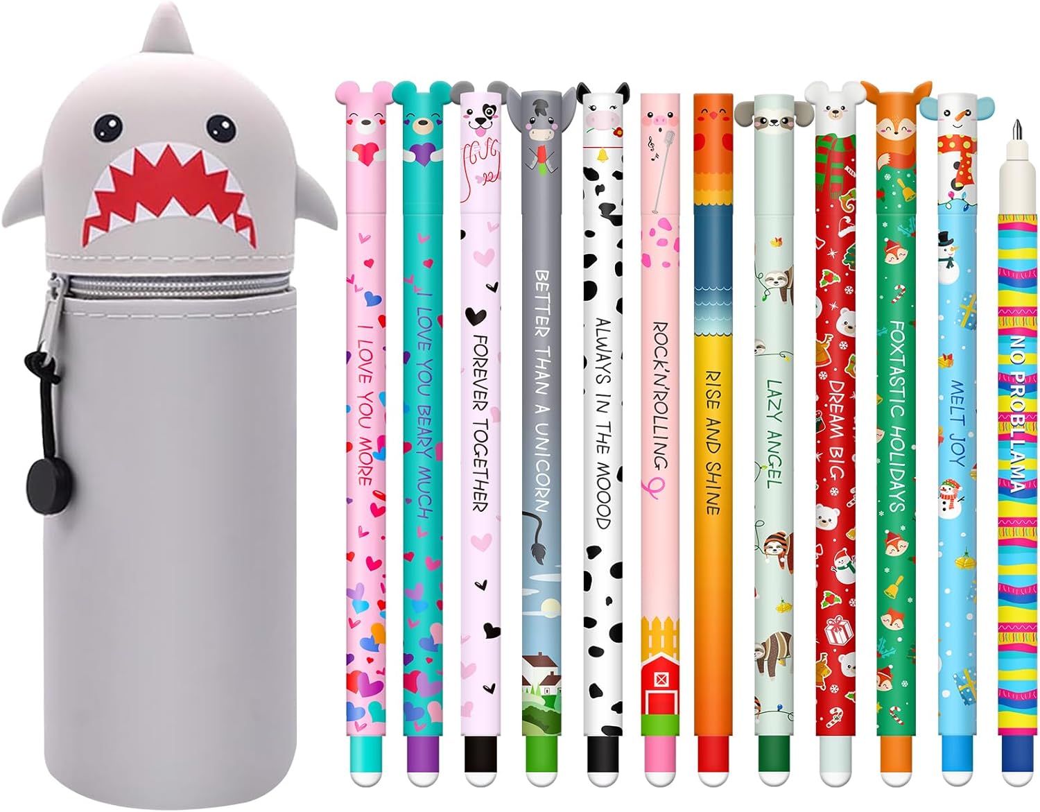 Lot de 12 Stylos Gel Effaçables + Trousse Kawaii Requin