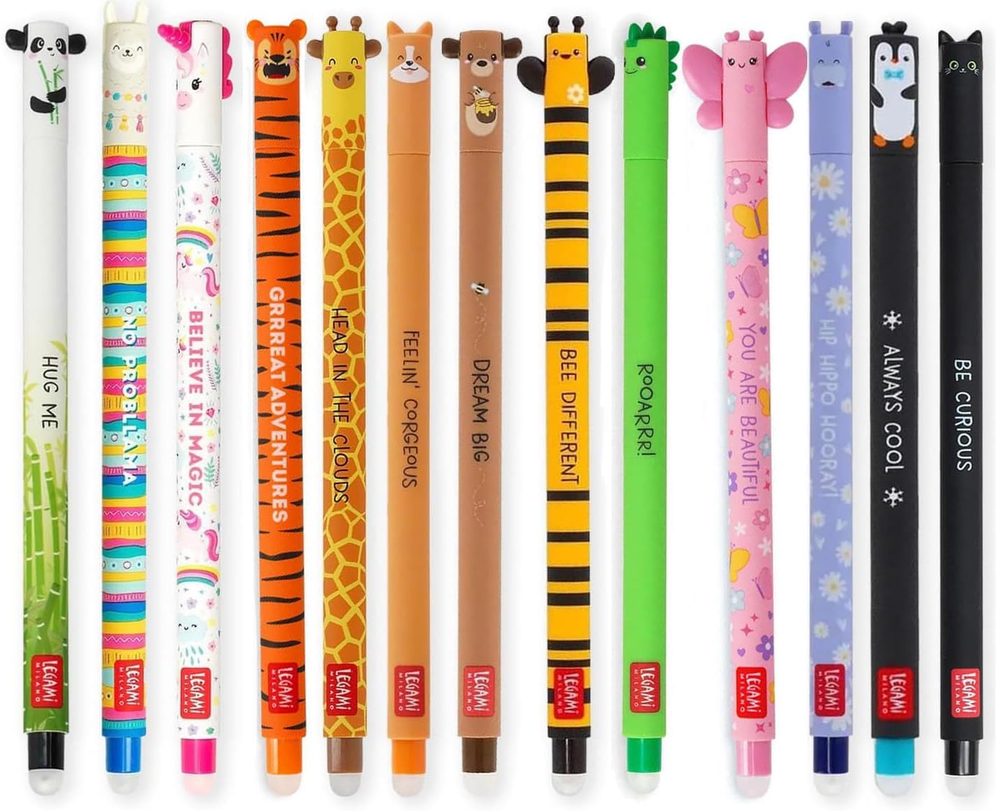 Lot de 13 Stylos Gel Effaçables - Animaux Colorés