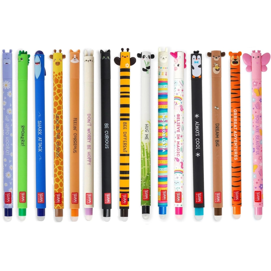 Lot de 15 Stylos Gel Effaçables - Animaux Colorés