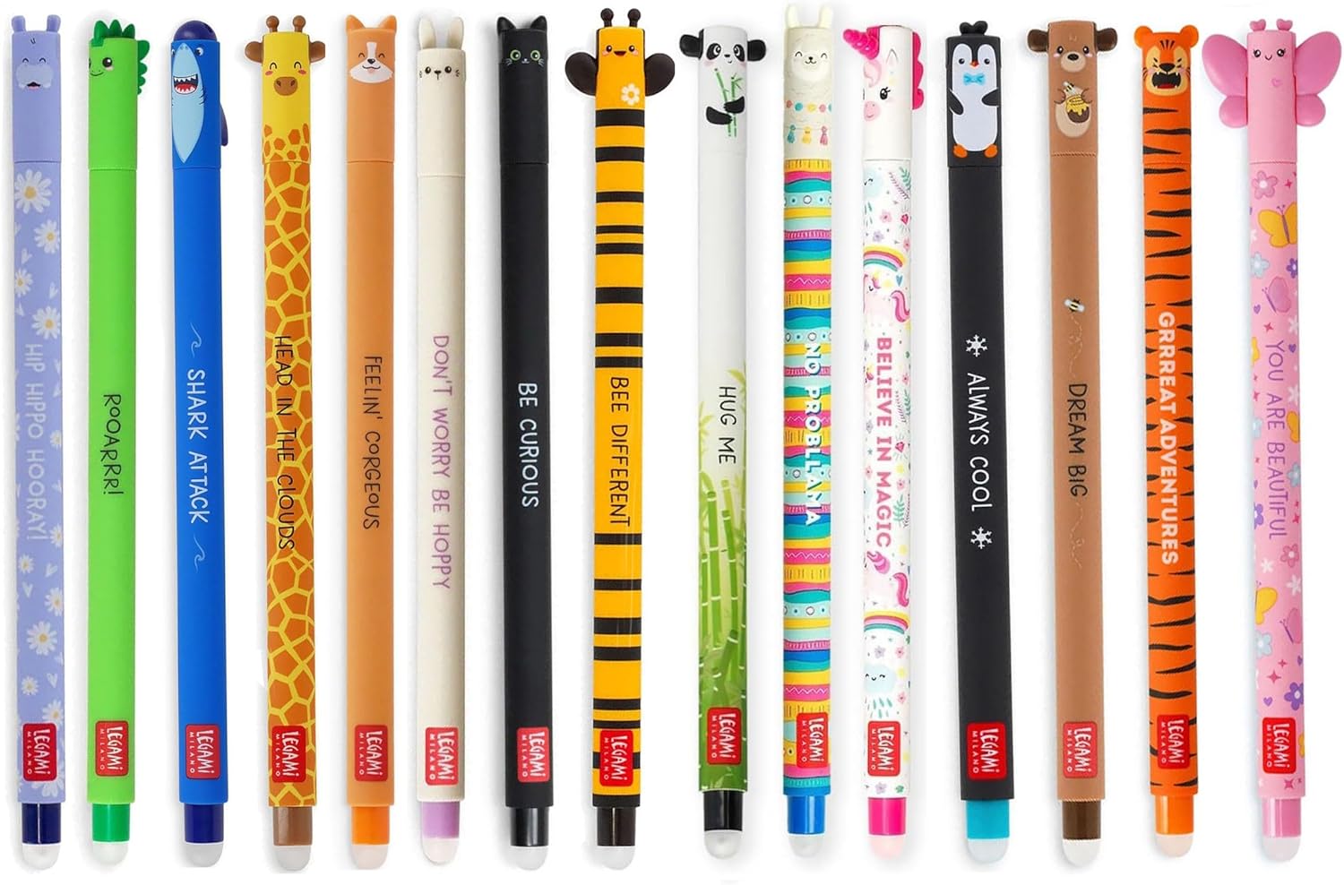 Lot de 15 Stylos Gel Effaçables - Animaux Colorés