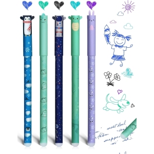 Lot de 5 Stylos Gel Effaçables – Motifs Animaux Colorés