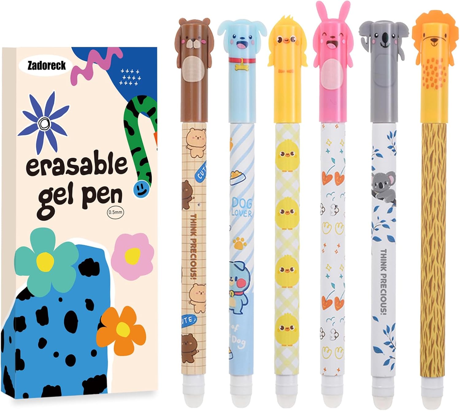 Lot de 6 Stylos Effaçables Animaux Colorés