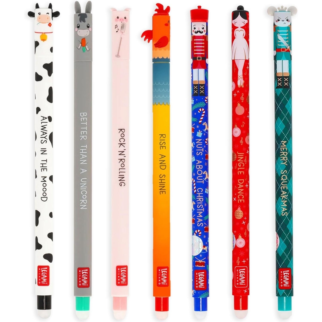 Lot de 7 Stylos Gel Effaçables : Vache, Ane, Cochon, Coq