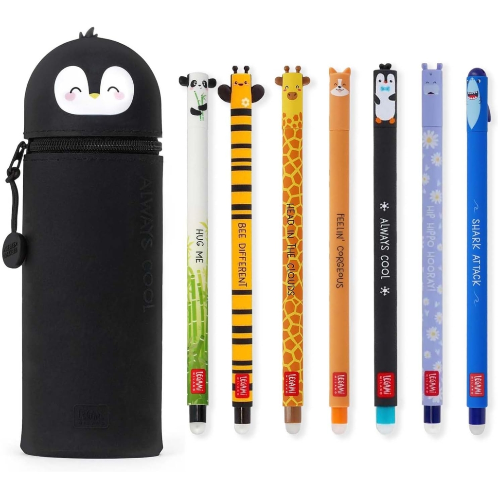 Lot de 7 Stylos Legami Gel Effaçables + Trousse Pingouin