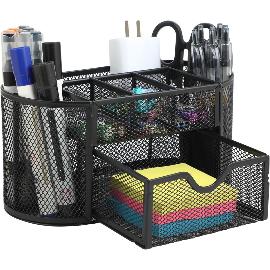 Organisateur de Bureau Noir avec Tiroir et Pot à Crayons