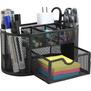 Organisateur de Bureau Noir avec Tiroir et Pot à Crayons