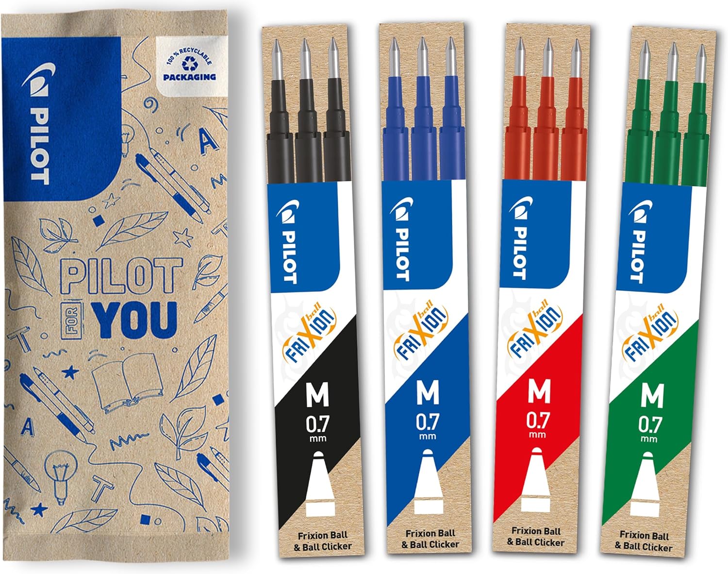 PILOT - 4 Etuis Recharges Stylo Effaçable Noir/Bleu/Rouge/Vert