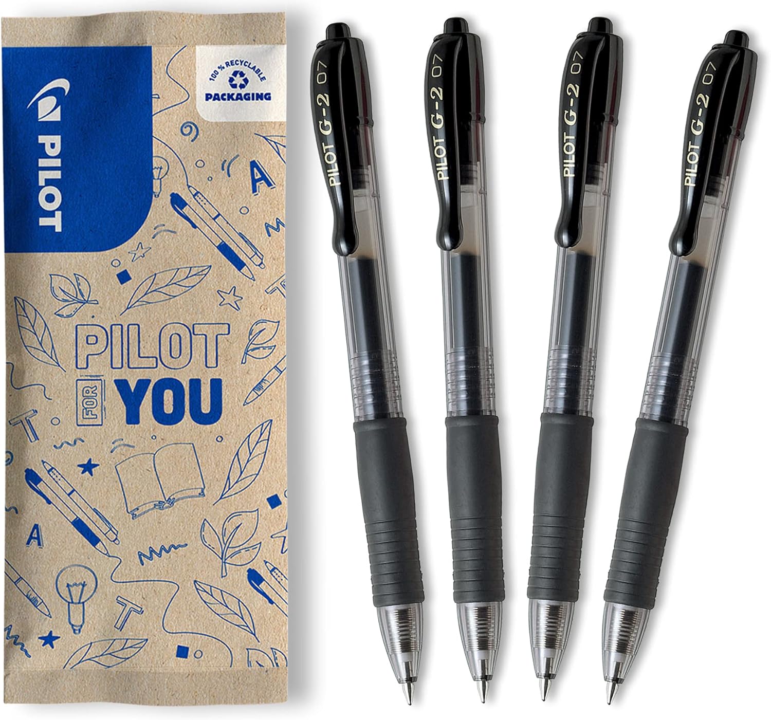 PILOT G2 - Lot de 4 Stylos roller rechargeables Noir