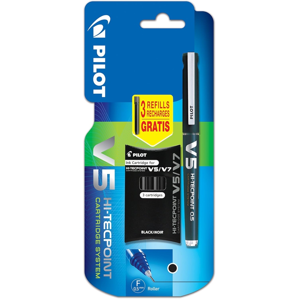 Pilot V5 Hi-tecpoint Rechargeable Roller Pen + 3 Cartridges