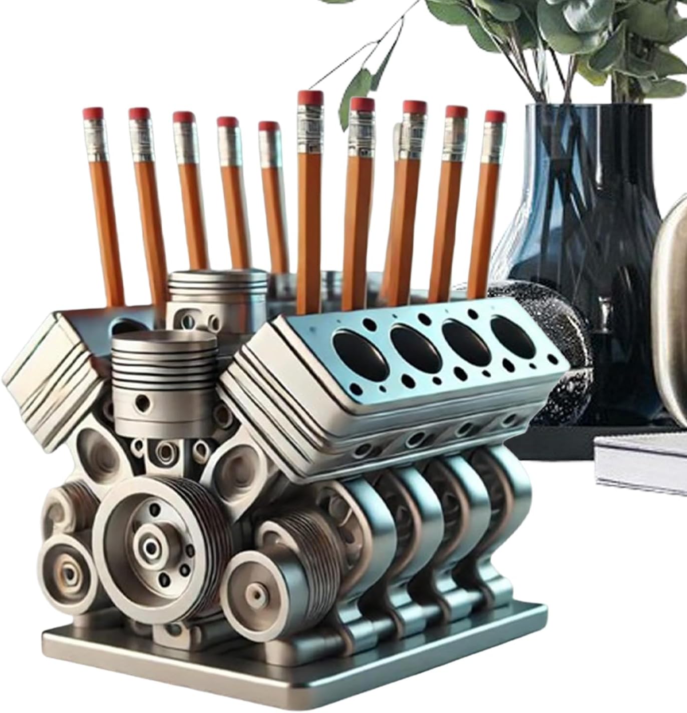 Porte Stylo V8 en Acier Inoxydable - Organisateur Bureau